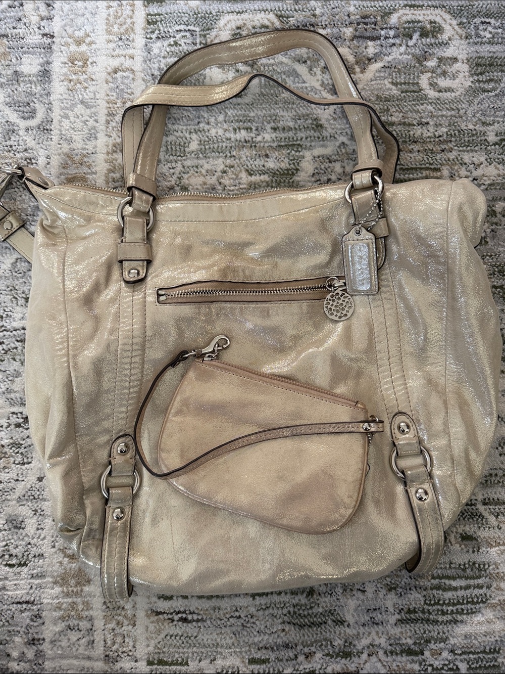 Coach Metallic Champagne Beaded Tote with Wristlet